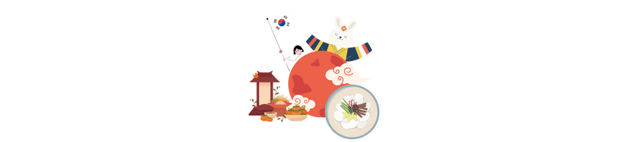 Illustration zu koreanischen Feiertagen: Taegukgi-Flagge, ein Hase im Hanbok vor rotem Vollmond, ein Ahnenaltar mit Speisen und eine Schale Tteokguk