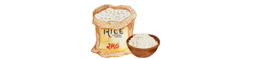 Aquarell eines Reissacks mit der Aufschrift RICE 2KG neben einer Holzschale mit gekochtem weißem Reis