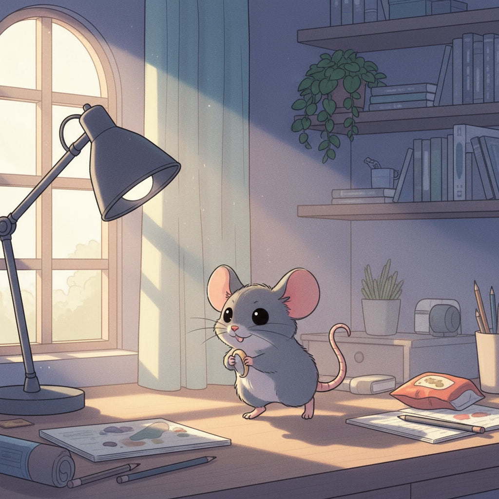 Illustration einer kleinen grauen Maus auf einem Schreibtisch im Lampenlicht, daneben Papiere, Stifte und eine geöffnete Snacktüte