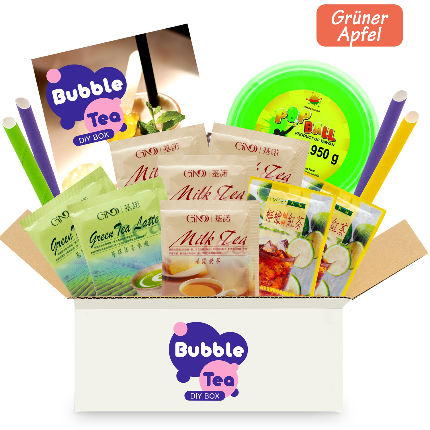 Bubble Tea DIY Box with Popping Boba: Boba Tea Starter Kit for 4 Drinks