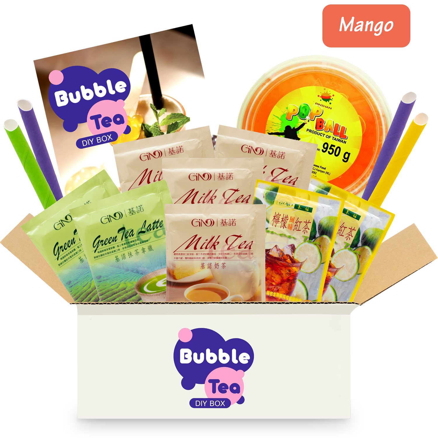 Bubble Tea DIY Box with Popping Boba: Boba Tea Starter Kit for 4 Drinks