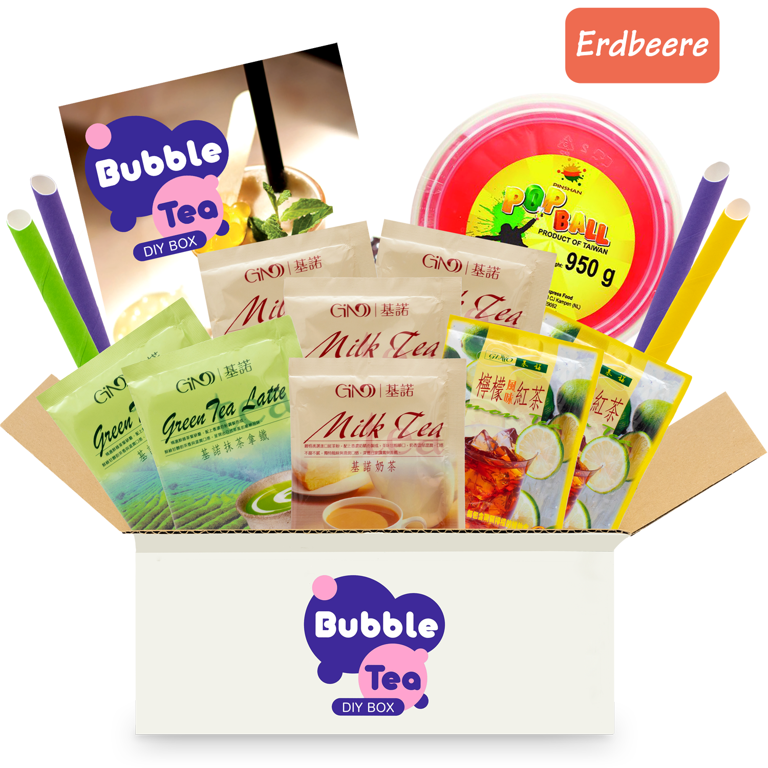 Bubble Tea DIY Box with Popping Boba: Boba Tea Starter Kit for 4 Drinks