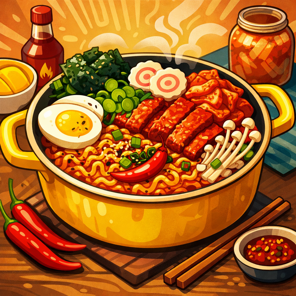 Illustration von koreanischen Instant-Ramen in einem goldenen Topf mit typischen Toppings.