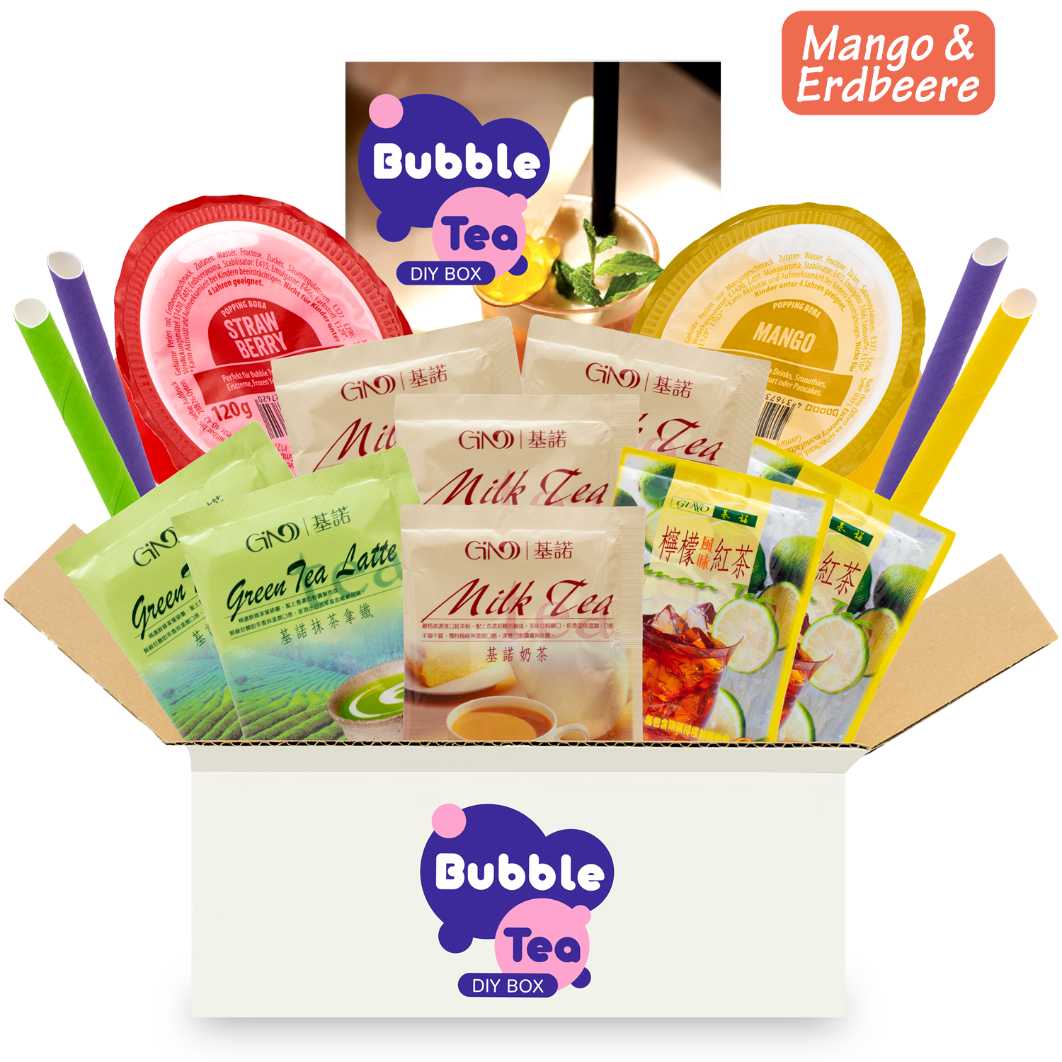 Bubble Tea DIY Box mit Popping Boba: Boba Tee Starter Kit für 4 Getränke