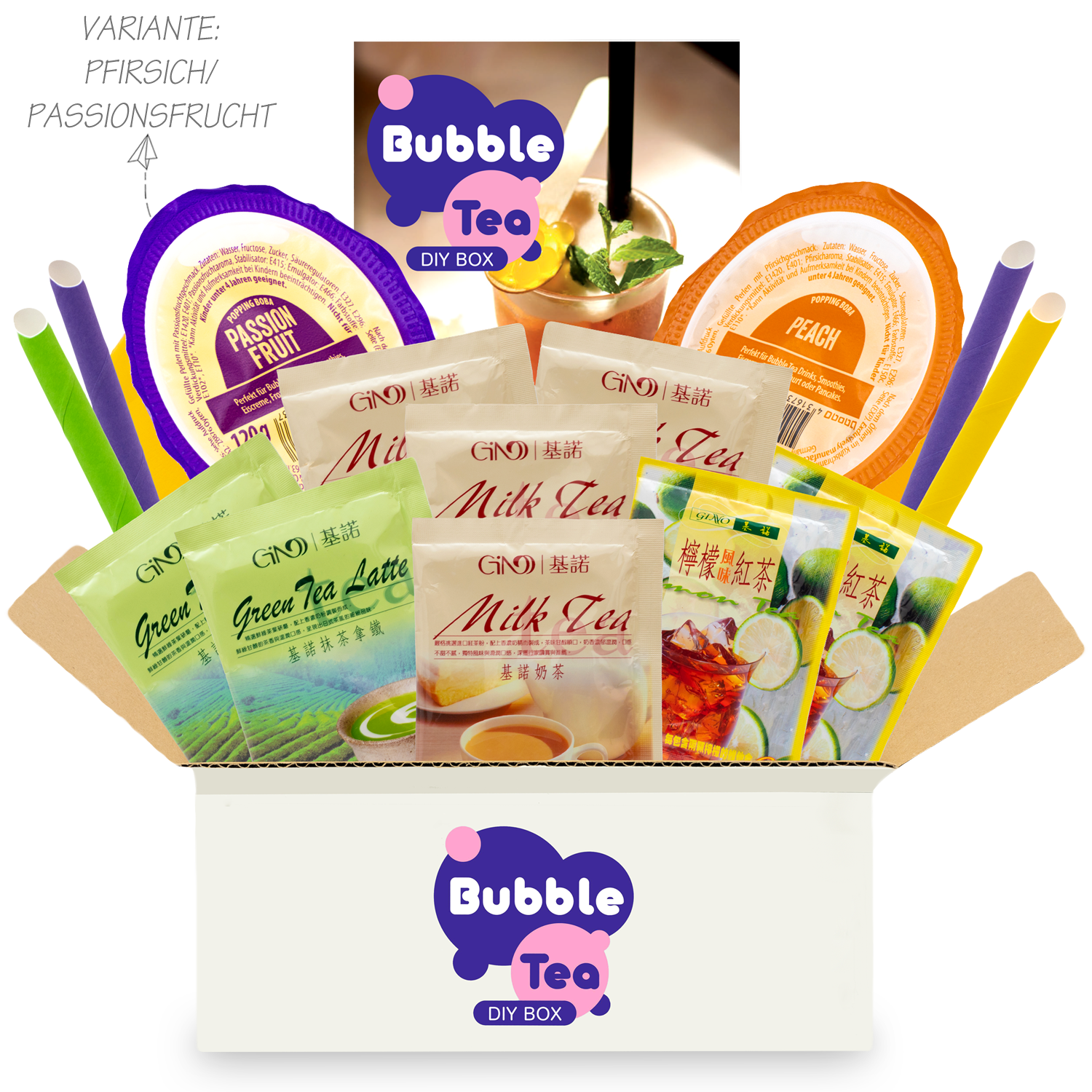 Bubble Tea DIY Box mit Popping Boba: Boba Tee Starter Kit für 4 Getränke